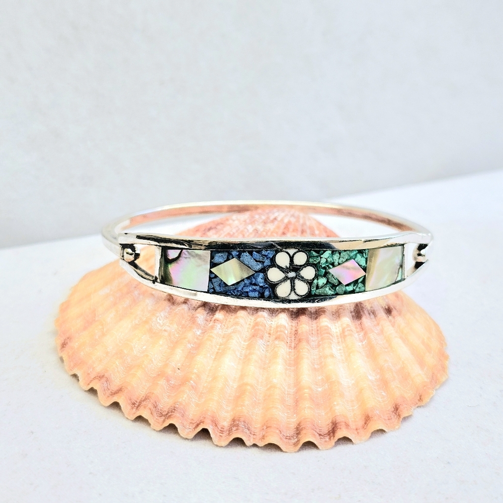 Mexico 925 Inlaid Gemstone Hinged Bracelet Michoan 925 - Picture 9 of 14